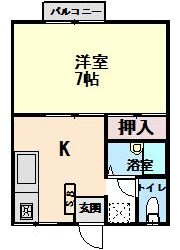 独立型キッチンと６畳の収納付きフローリングで単身者向けタイプ(間取)